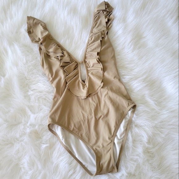 MICHAEL Michael Kors Other - MICHAEL Michael Kors Khaki Ruffle Deep V One Piece Swimsuit 8 NWT
